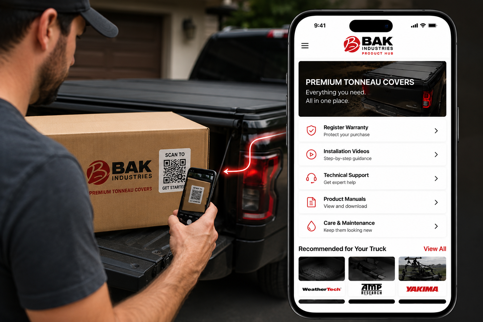 A customer scanning a QR code on a BAK Industries shipping box next to their truck, opening a branded product hub on their phone